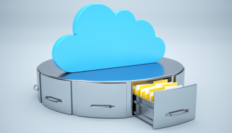 Illustration showing digital files stored securely in cloud storage, representing online data backup and archiving.